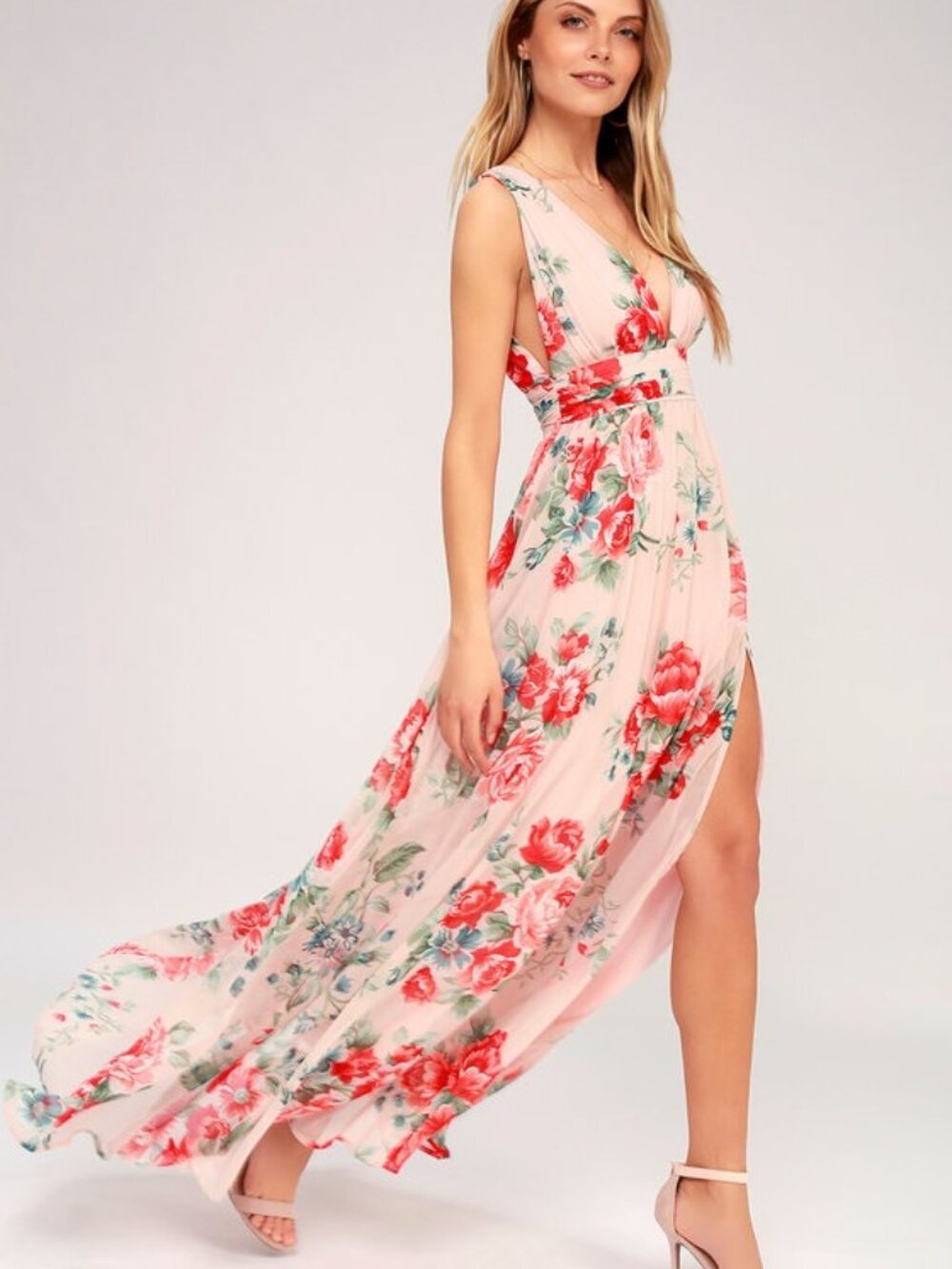Floral Chiffon Maxi Dress Blush Pink Deep V Gathered Waist Sz M | Lulus